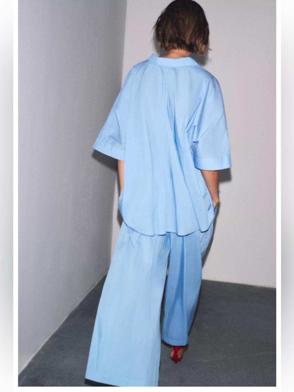 Zara Blue Wide-Leg poplin pleated Elastic Waist Pants - Picture 4 of 13